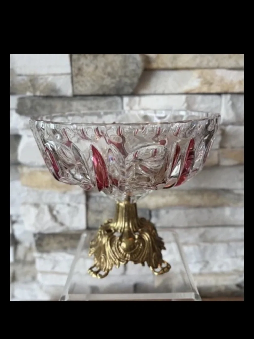 Pedestal Compote Bowl Nuts Cut Crystal Ruby Flash Brass Base Ornate Regency L&L